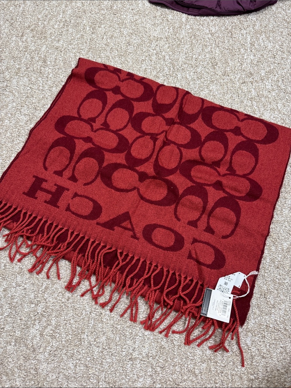 Coach Red Jacquard Signature Fringe Scarf